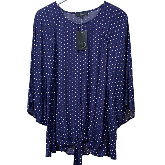 FRED DAVID Blouse Plus Size 1X Rayon Womens Top 3/4 Sleeve Navy Red Dot NWT - Picture 1 of 12